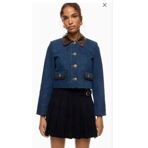 SANDRO Dark Wash Denim Cropped Leather Collar Pocket Gold Button Detail Jacket